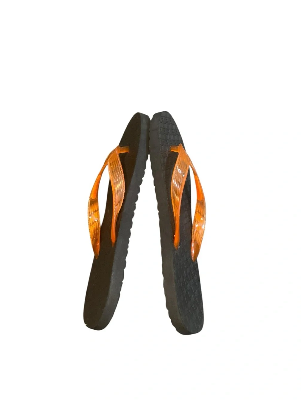 Women’s Orange Strap Flip Flops with Black Textured Footbed - Unbranded